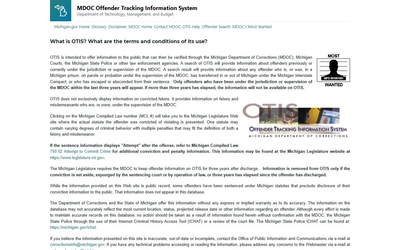 Michigan MDOC OTIS offender people search tool