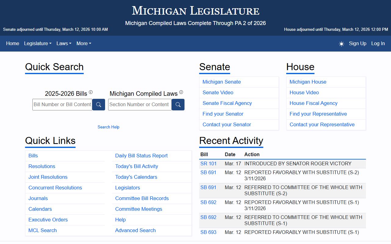 Michigan Legislature website for public records laws